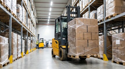 Naklejka premium Forklift truck in warehouse with driver transporting stack of boxed goods on pallet logistics and supply chain management with tall shelves and lighting in industrial building.