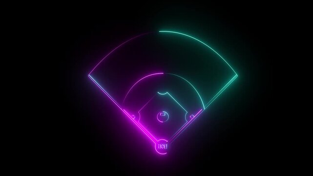 Pink and cyan color Neon Baseball field icon animation on black background, futuristic digital icon video of a high-tech baseball field .4k motion graphics video.