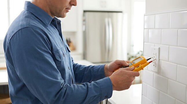 Electrician wearing blue shirt using yellow multimeter to test electrical outlet on white subway tile wall in modern kitchen with stainless steel appliances.