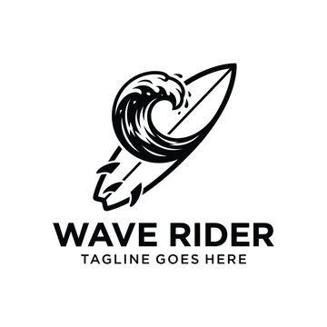Surfboard with ocean wave for surfing sport summer beach travel adventure lifestyle logo design