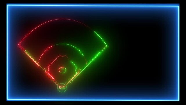 Red and green color Neon Baseball field icon animation on black background, futuristic digital icon video of a high-tech baseball field .4k motion graphics video.