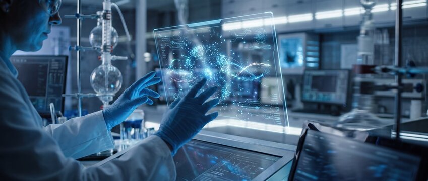 Scientist in lab examines glowing orbs on computer screen closely