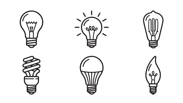 Various types of light bulb line art icons including incandescent and led styles with electricity lighting innovation solution minimalist technology sustainable efficient filament collection