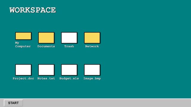 Dynamic digital desktop interface animation, showcasing file icons and folders appearing on a teal background with a 'START' button, symbolizing digital workflow, organization, and technology