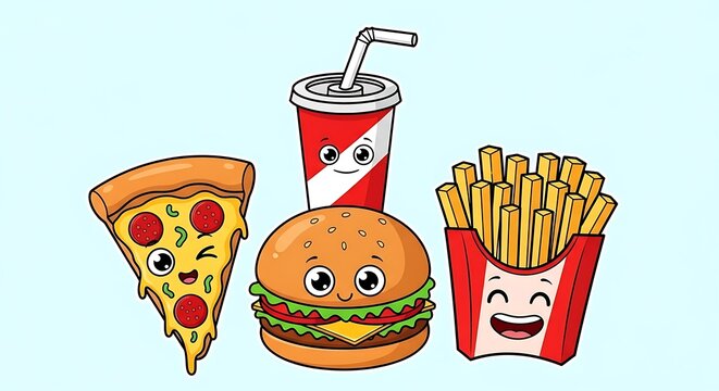 Cartoon fast food items with smiling faces