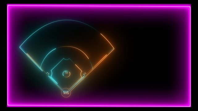 Orange and cyan color Neon Baseball field icon animation on black background, futuristic digital icon video of a high-tech baseball field .4k motion graphics video.