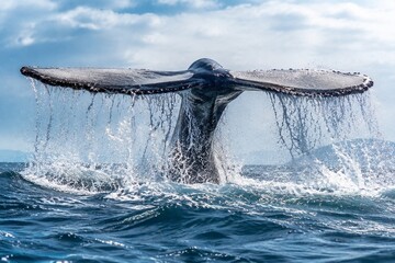 Naklejka premium A whale tail emerging from the ocean with great force and water spray.