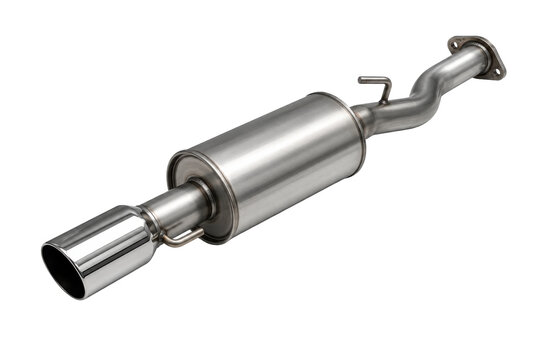 A shiny muffler system with a pipe and clamp is shown on a plain background.