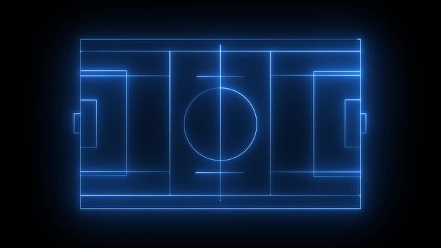 Multi-Use Playfield aerial, neon blue color light Aerial view of a multi-use playfield with soccer and lacrosse. batting cages skateboard park and softball fields with lights. black background 4k 