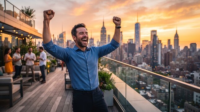 A man cheering with arms raised on a rooftop with a cityscape at sunset