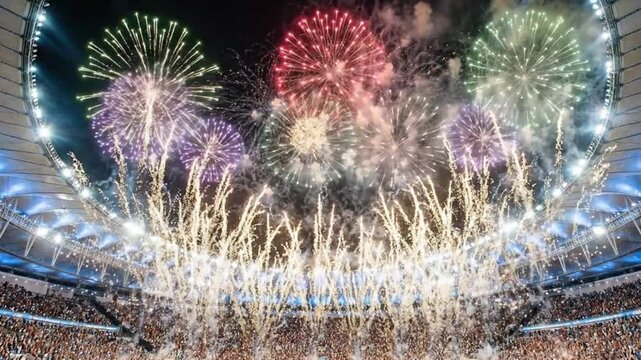 Spectacular fireworks display over a crowded stadium at night