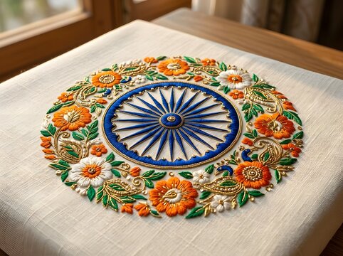 Ashoka chakra symbol surrounded by colorful indian flowers on a textured surface