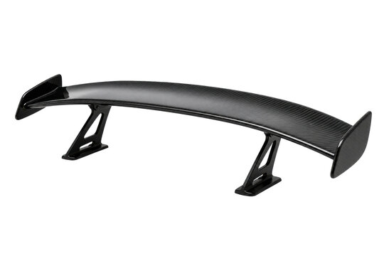 A sleek black car spoiler mounted on a vehicle for improved aerodynamics on the road.