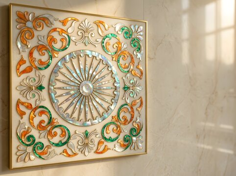 Decorative square wall panel with intricate gold floral and circular metal carvings