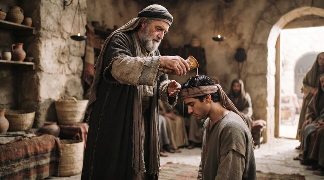 An elderly man with a beard anoints a young man's head with oil in a room filled with clay pots and baskets. The scene depicts an ancient ritual or blessing.