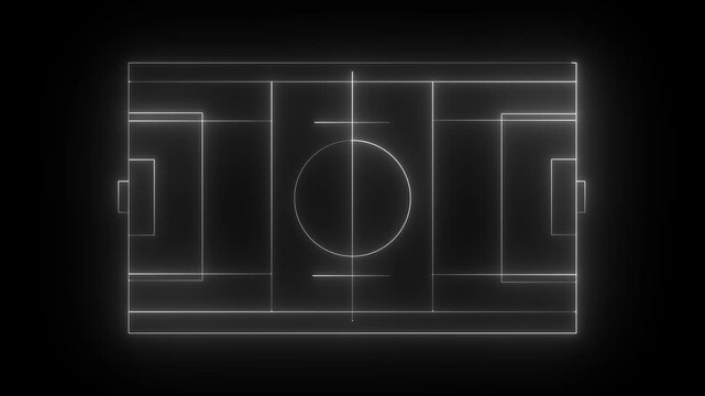 Multi-Use Playfield aerial, neon white color light Aerial view of a multi-use playfield with soccer and lacrosse. batting cages skateboard park and softball fields with lights. black background 4k 