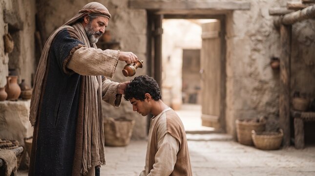 An elder man anoints a young boy's head in a traditional, ancient setting, conveying a sense of solemn ritual and familial connection
