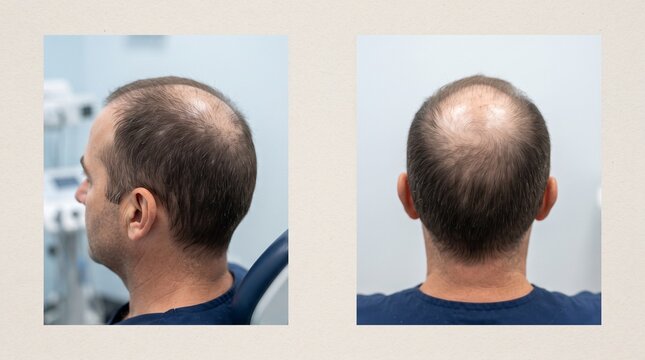 Two views of a man's head showing hair loss and thinning scalp. The left image shows a side profile, and the right image shows the back of his head.