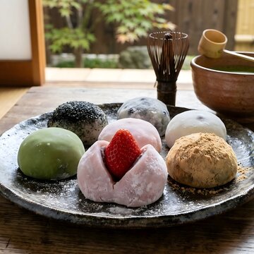 Assorted Japanese mochi daifuku with matcha green tea set on wooden table
