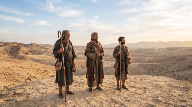 Three ancient men in traditional robes stand on a barren hill in a desert landscape, holding staffs and looking towards the horizon.