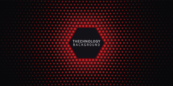 Dark technology hexagonal vector abstract background. Red bright energy flashes under hexagon in dark technology futuristic modern background vector illustration