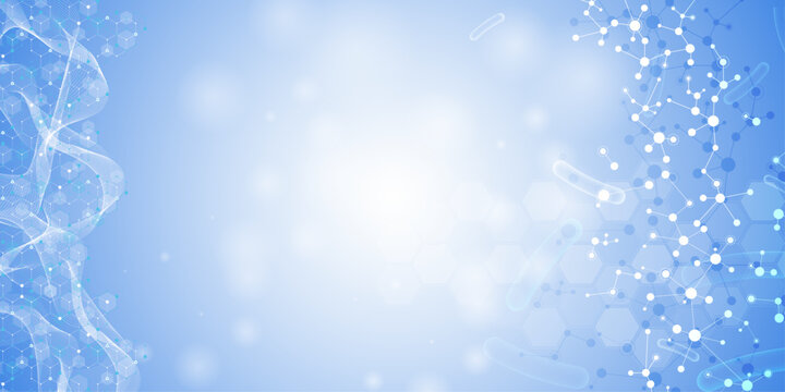 Abstract science background with molecular structures and dna on a light blue backdrop, medical and genetic concept.