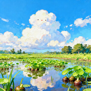 Textured Impasto Oil Painting, Water Chestnut Aquatic Pond, Green Water Plants & Round Lily Pads, Bright Blue Sky with Fluffy White Summer Clouds