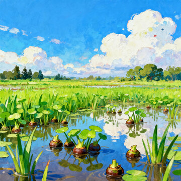 Textured Impasto Oil Painting, Water Chestnut Aquatic Pond, Green Water Plants & Round Lily Pads, Bright Blue Sky with Fluffy White Summer Clouds