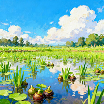 Textured Impasto Oil Painting, Water Chestnut Aquatic Pond, Green Water Plants & Round Lily Pads, Bright Blue Sky with Fluffy White Summer Clouds