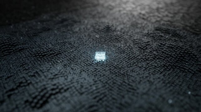 Glowing Cube in Dark Pixelated Landscape Futuristic, Mysterious Digital Scene with Striking Contrast and Technology Elements in Abstract Cityscape with Illuminated Structures