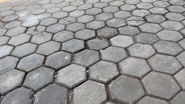 Perspective view of hexagonal concrete paving blocks on outdoor driveway