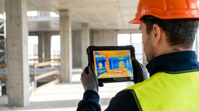 Construction worker with hard hat and vest uses tablet showing thermal imaging scan of building interior for energy efficiency audit and building inspection.