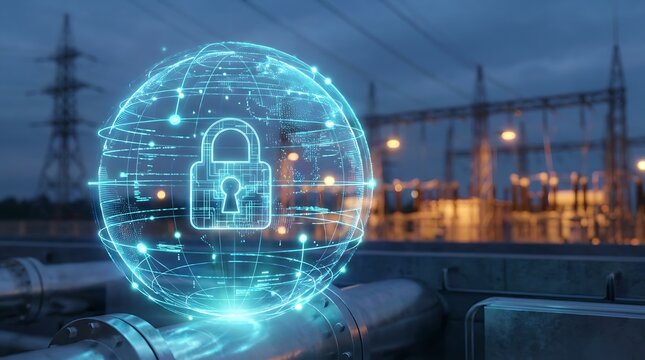 Global cybersecurity network protection concept with glowing digital globe and padlock over electrical substation background at night.