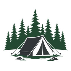 Simple vector art of a camping tent surrounded by a peaceful forest, featuring clean shapes, nature scenery, outdoor adventure, and minimalist design. © primus