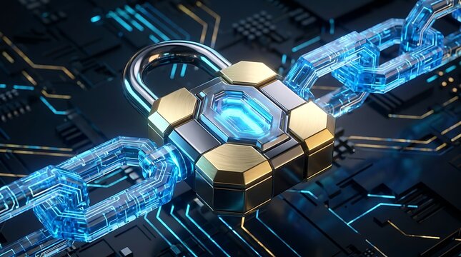 Digital security padlock on blockchain network with glowing circuit board connections symbolizing cryptocurrency and cyber protection data transfer internet safety.