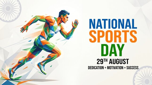 Indian National Sports Day 29 August Vector, Runner Athlete Geometric Low Poly Illustration with Chakra Symbol, Sports Motivation & Success, Fitness Poster,