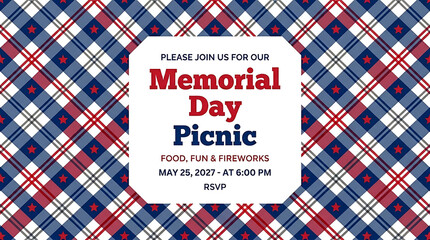Fototapeta premium Memorial day picnic invitation card with red and blue plaid background
