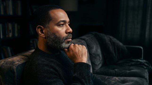 Middle aged man sitting on couch thinking in a dark moody living room