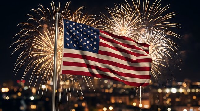 American flag waving in front of a city skyline at night with multiple fireworks exploding in a dark cloudy sky on Independence Day celebration.