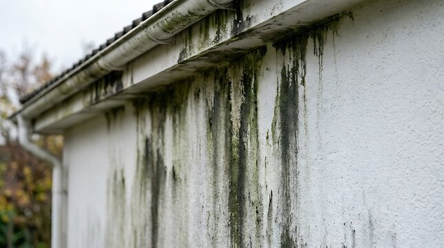 Close up view of a white exterior wall with streaks of green algae and black dirt stains below a rain gutter and tiled roof on an overcast day.