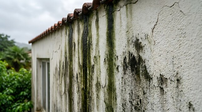 Exterior wall with visible water stains and green algae growth after rain with tiled roof and partial view of window and lush green foliage.