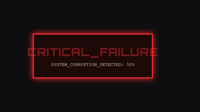 Dynamic digital error alert with pulsating red neon border and increasing system corruption percentage, symbolizing data loss, technological breakdown, and cybersecurity threat