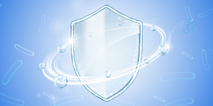 Immune system protection shield concept with glowing rings and bacteria for medical defense and health advertising.