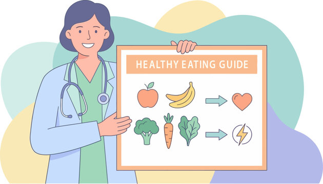 Nutritionist Presenting Healthy Eating Guide Board Flat Vector Illustration