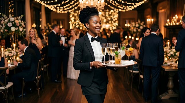 Smiling server carrying a tray of champagne and cocktails at a wedding event