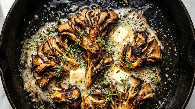 Close up of maitake mushrooms browning in butter in cast iron skillet with saut ed mushroom vegetable culinary delicious vegetarian ingredient gastronomy