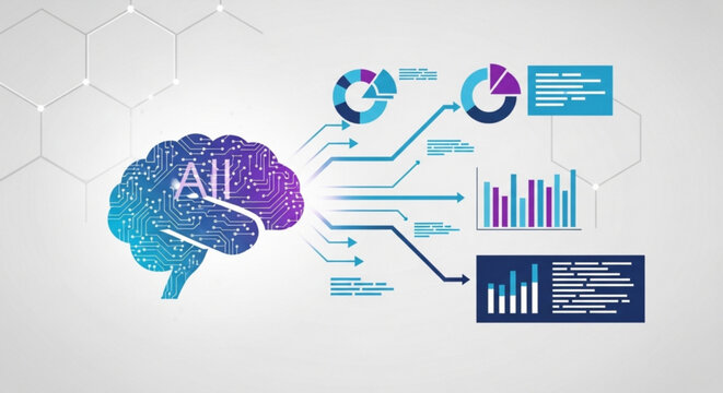 AI brain with data charts. Digital neural network processing analytics. Tech