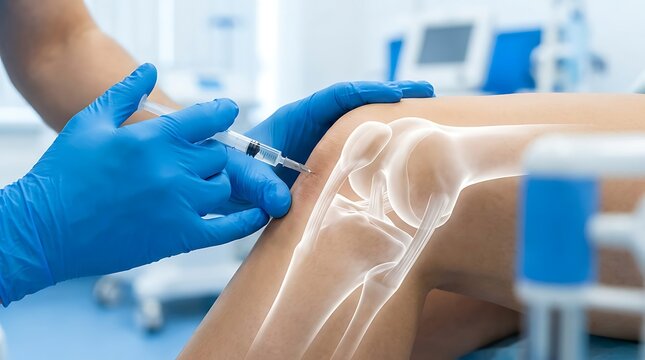 Doctor injecting fluid into knee joint with transparent bones overlay showing medical treatment for joint pain and inflammation offering relief and recovery to patient.