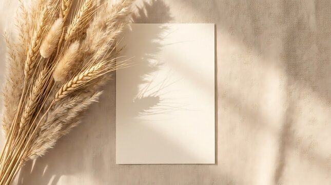 Beautiful shadow patterns of dried pampas grass dance across a cream card on a light beige textured background, evoking a serene and natural bohemian ambiance for your design needs.