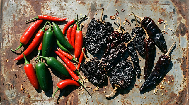 Selection of red and green fresh chili peppers alongside dark dried peppers on rusted metal with capsicum ingredients vegetables culinary textured overhead